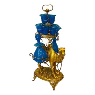 Gold Metal and Blue Opaline Liquor Service on Camel Stand, Set of 15 For Sale