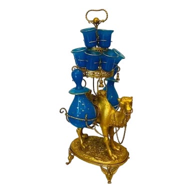Gold Metal and Blue Opaline Liquor Service on Camel Stand, Set of 15 For Sale