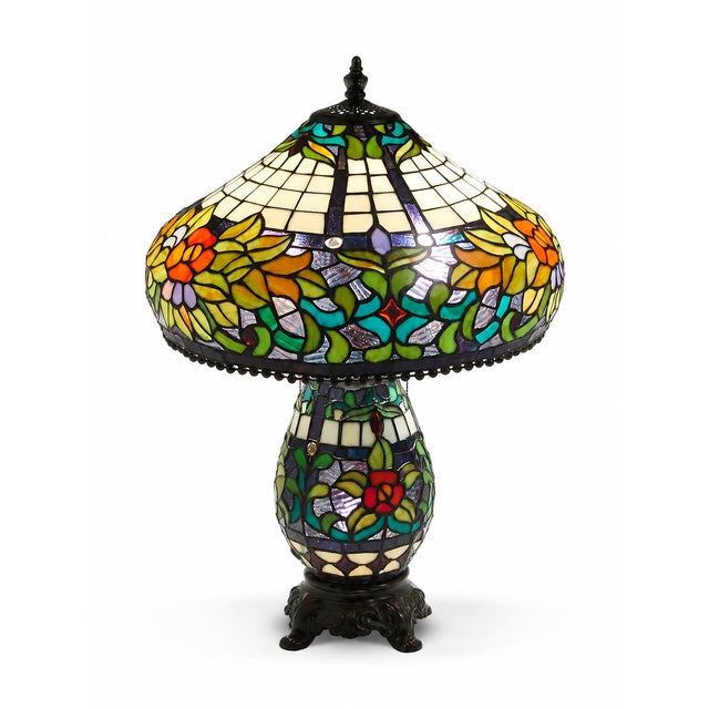 Art Nouveau Vintage Tiffany-Style Floral Stained-Glass Table Lamp With Illuminated Base For Sale - Image 3 of 8