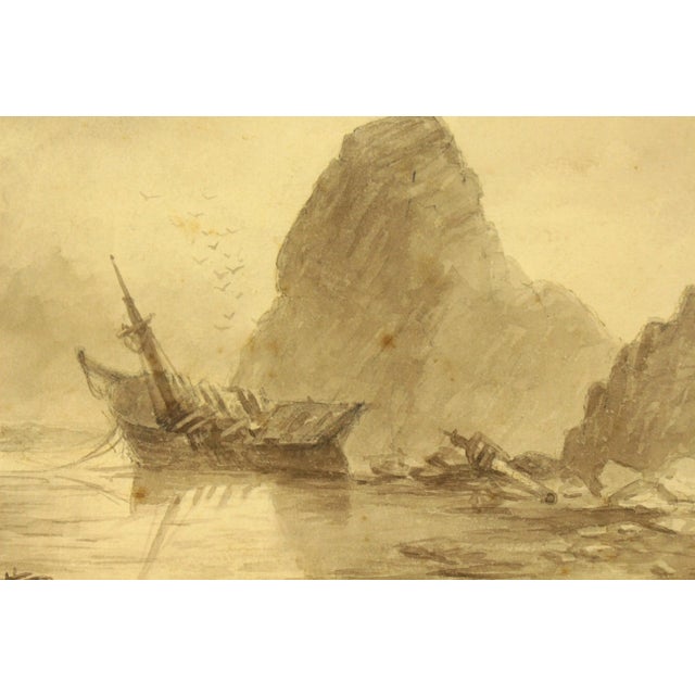 Antique Charles Thornely British Brown Ink Wash Drawing of a Cornwall Rocky Shore W. Shipwreck For Sale - Image 4 of 8