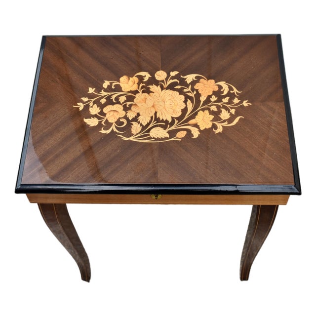VTG.Sorrento Italian Inlaid Wood Music Box Table Jewelry Sewing Side Table For Sale