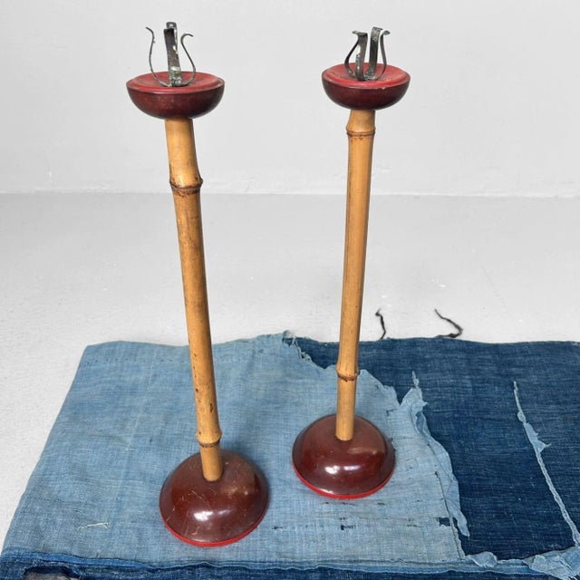 Japanese Candlesticks in Lacquer and Bamboo, 1920s, Set of 2 For Sale - Image 12 of 14