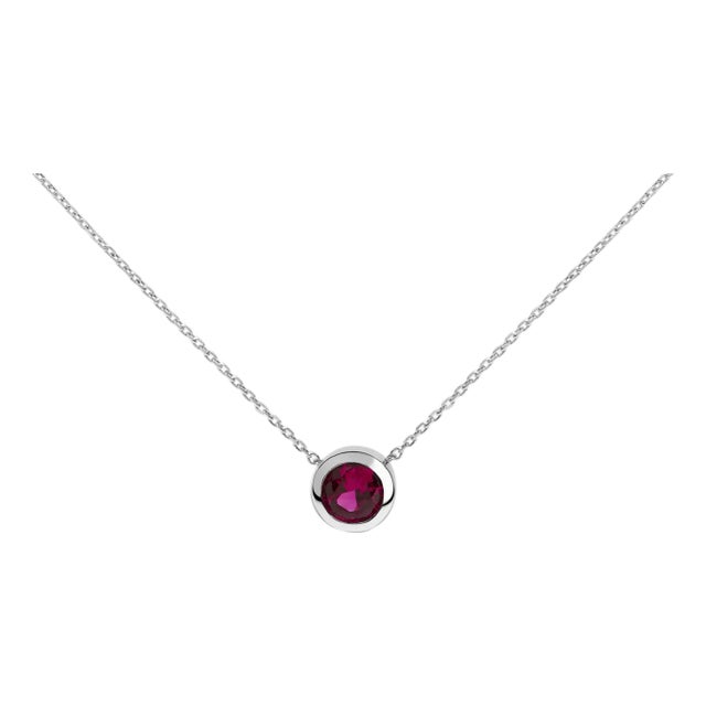 .925 Sterling Silver 7MM Bezel Set Created Red Ruby Pendant Necklace - 18" Inches For Sale