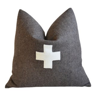 Swiss Appliqué Cross Wool & Linen Coastal Nautical Feather/Down Pillow 22" Square For Sale