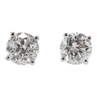 14k White Gold 4 Prong Screw Back 1.40 Ct Round Diamond Stud Earrings, A Pair For Sale