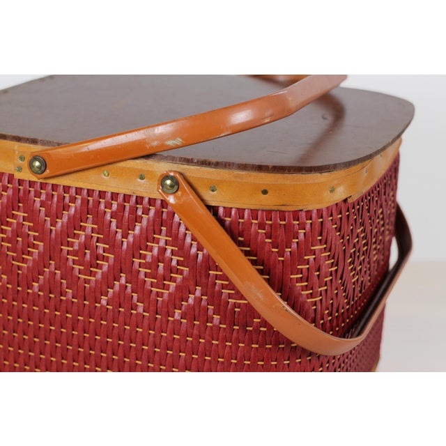 Mid-Century Red Woven Picnic Basket With Lid and Handles For Sale - Image 15 of 17