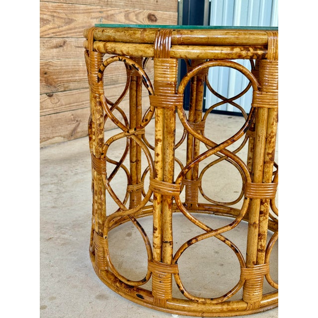 Mid-20th Century Coastal Refinished Tortoise Rattan Cane Drum Side Table For Sale - Image 10 of 11