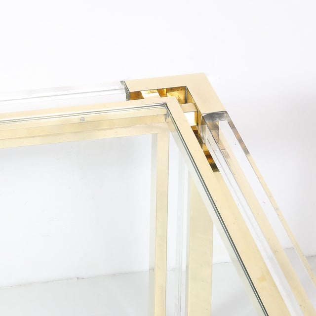 Mid-Century Modern Mid-Century Rectilinear Brass & Lucite Glass Top Cocktail Table by Maison Jansen For Sale - Image 3 of 13