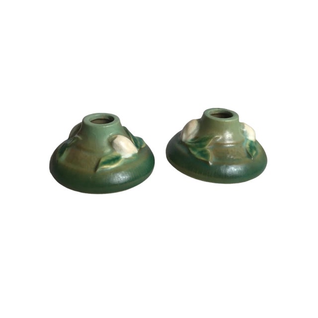 Vintage 1940’s Roseville Pottery Candle Stick Holders Gardenia Green & White #651 Approximately Measurements: 1.75” High...