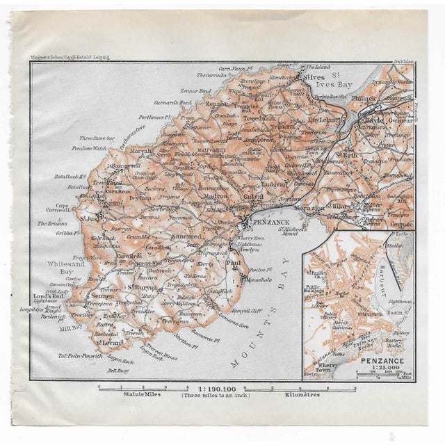 Vintage 1910 map of Penzance on the Lizard Peninsula in Cornwall. From a travel guide of Geat Britain.