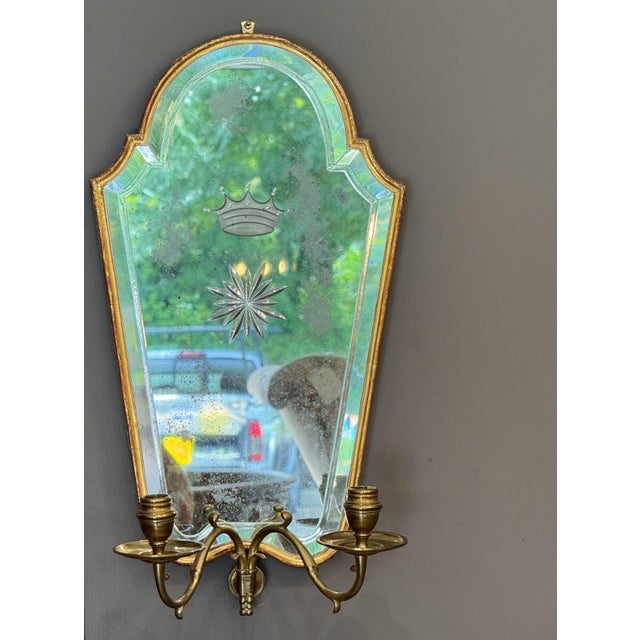 Italian Pair of 20th Century Italian Giltwood Etched Mirror Two-Light Sconces For Sale - Image 3 of 8