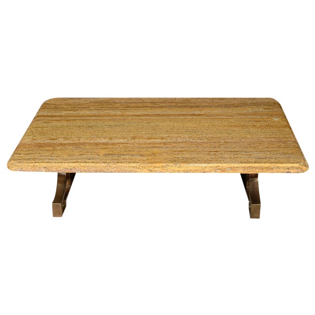 Art Deco Brass and Travertine Coffee Table, 1930s For Sale