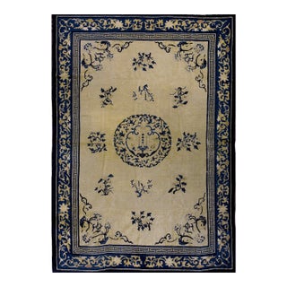 1920s Beige Medallion Greek Key Antique Chinese Peking Rug 6'2"x8'8" Wool Knotted Carpet For Sale