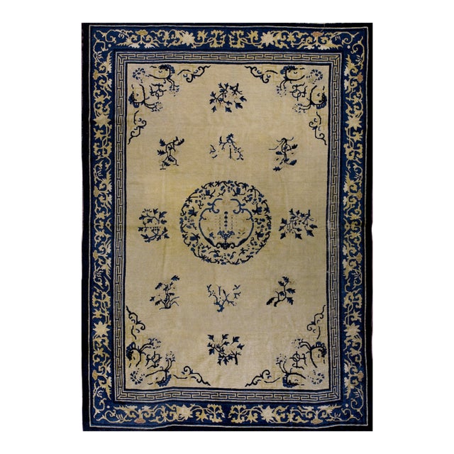 1920s Beige Medallion Greek Key Antique Chinese Peking Rug 6'2"x8'8" Wool Knotted Carpet For Sale