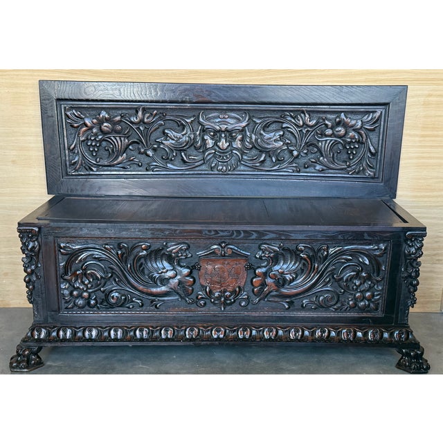 Baroque 19th Spanish Baroque Carved Large Hall Bench With Storage For Sale - Image 3 of 15