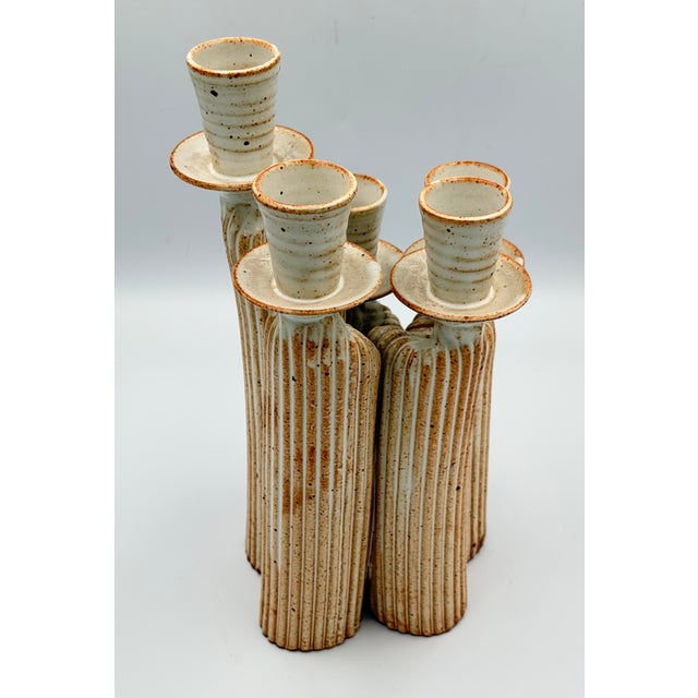 Mid-Century Modern 1960s Modernist Studio Pottery Speckled Ceramic Candelabra 5 Figures Candlesticks 10'' For Sale - Image 3 of 7