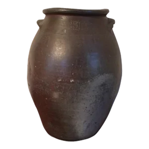 Antique Early 19th Century Virginia Ovoid Shape Handled Crock Storage Jar With Applied Handles Marked 3