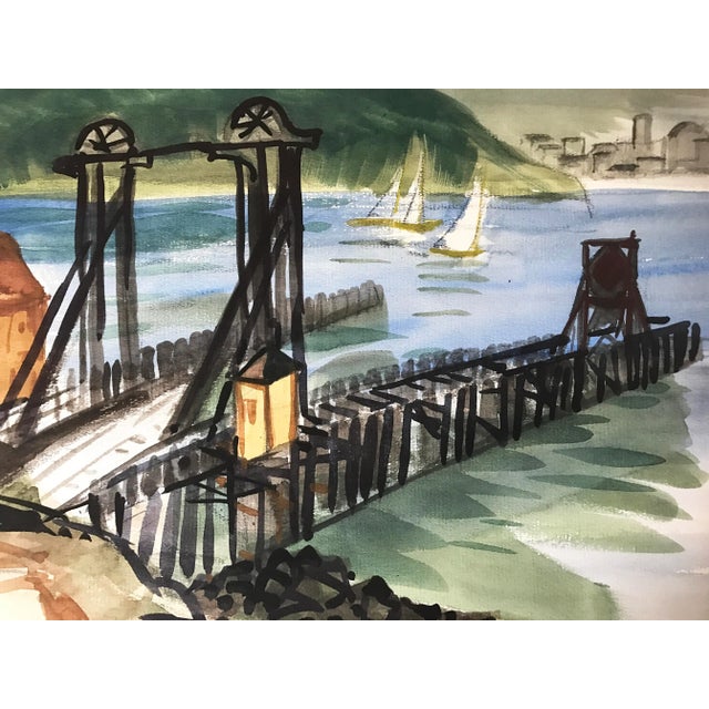 Vintage watercolor of the old Tiburon-San Francisco ferry dock with Angel Island partially obscuring the view of San...