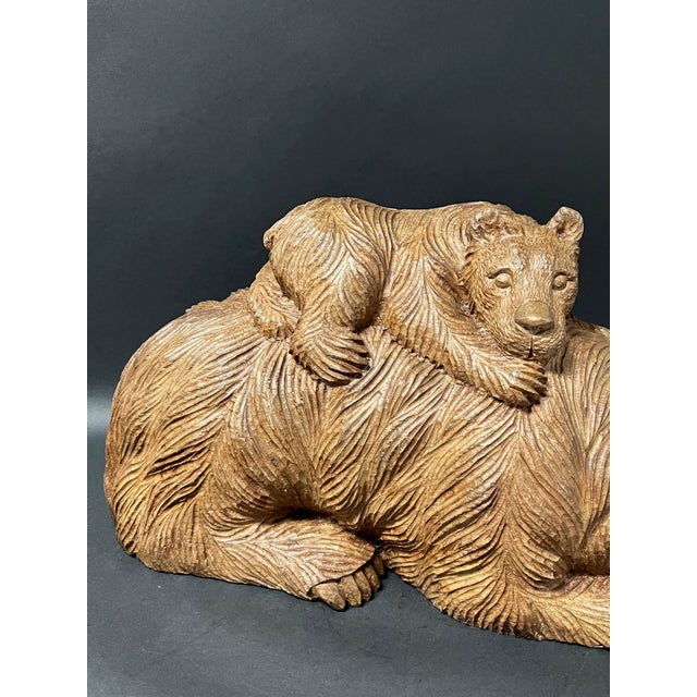 Vintage Large Hand Carved Wooden Bear and a Cub Sculptural Figure For Sale In New York - Image 6 of 11