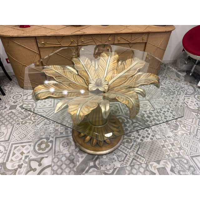 Lotus Flower Dining Table in Wood Carved with Gold Leaf and Octagonal Top in Ground Glass, 1970s For Sale - Image 6 of 11
