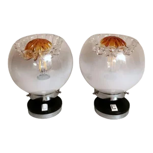 1960s Mazzega Attributed Pair of Nickel-Plated Metal and Murano Milk Glass Table Lamps