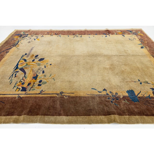 Chinese Art Deco Wool Rug Pagoda & Floral Design - Earthy Bronze & Gold Tones For Sale - Image 4 of 11