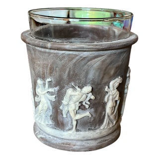 Vintage Engineered Stone Candle Holder With Classical Relief Figures For Sale