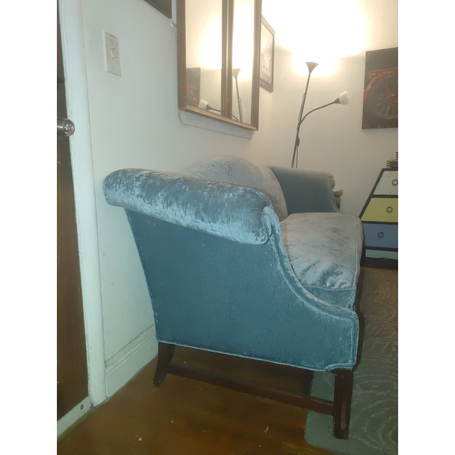 1980s Vintage Down Filled Camelback Sofa - Velvet Silk Upholstery For Sale - Image 5 of 10