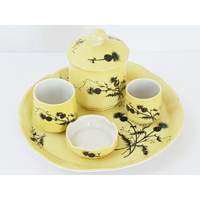 Yellow Art Deco Yellow Ceramic Tobacco Set with Thistle Decoration, 1930, Set of 5 For Sale - Image 8 of 9
