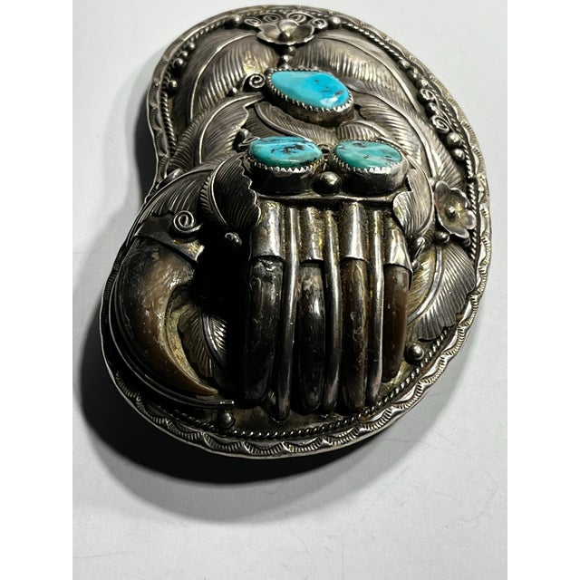 Native American Vintage Native American, Claw Turquoise and Sterling Silver Belt Buckle For Sale - Image 3 of 10