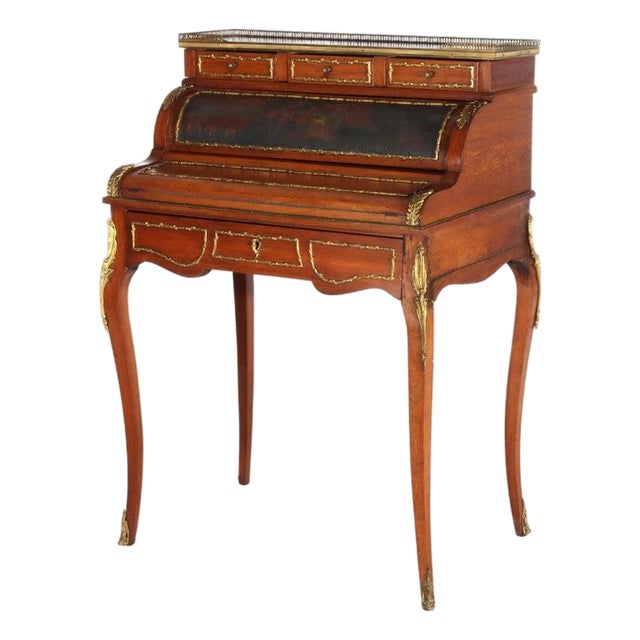 Late 19th Century French Vernis Martin Decorated Louis XIV Mahogany & Ormolu Lady’s Roll Top Desk For Sale