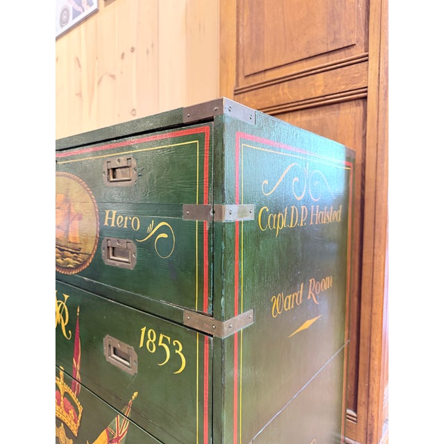 Antique Victorian Naval Campaign Secretary Chest With Hand Painted Maritime Motifs For Sale - Image 10 of 12