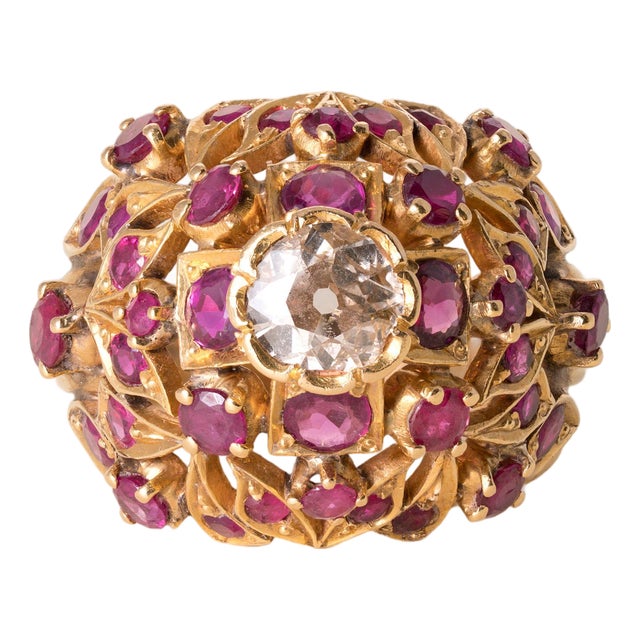 Vintage 21k Gold Ruby and Diamond Dome Cocktail Ring, Size 6.75 For Sale