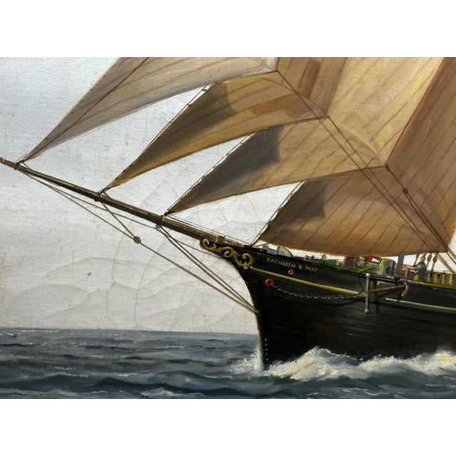 English 20th Century British Seascape Oil Painting Schooner Sailing Ship Kathleen & May by John L Chapman For Sale - Image 3 of 12