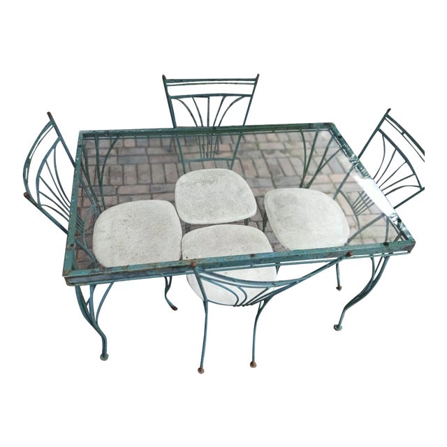 Vintage 1960's Homecrest Wrought Iron Patio Dining Table & 4 Chairs For Sale