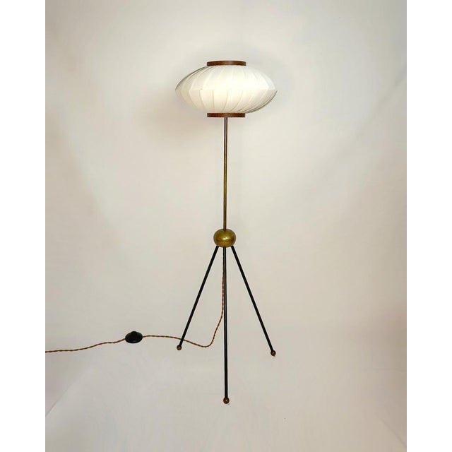 Metal Brass Tripod Floor Lamp attributed to Svend Aage Holm Sørensen with Shade by Lars Eiler Schiøler, Denmark, 1960s For Sale - Image 7 of 7