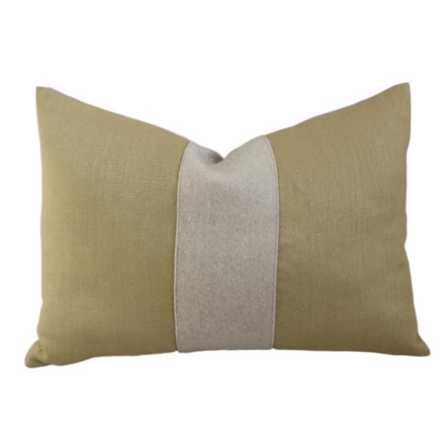 French Gold and Cream Appliqué Stripe Wool & Linen Feather/Down Pillow For Sale In Los Angeles - Image 6 of 6