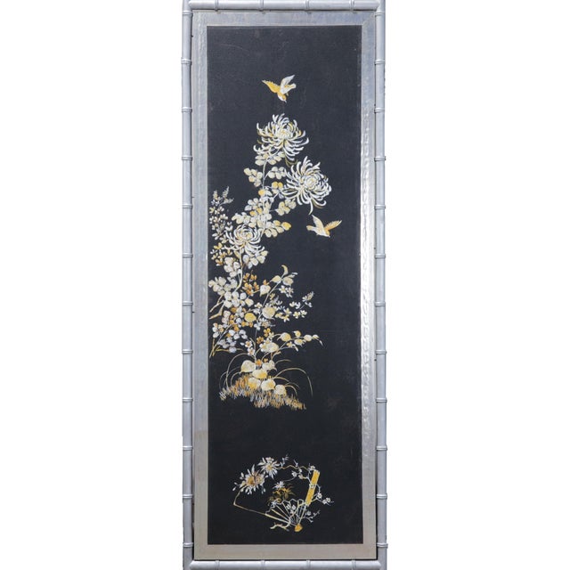 Chinoiserie Vintage Chinoiserie Four-Panel Folding Screen – Hand-Painted Floral Motif With Silver Faux Bamboo Frame For Sale - Image 3 of 15