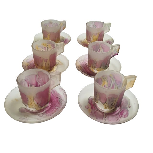 The Rueven Art Nouveau demitasse cups and saucers set of 6 features a beautiful frosted glass design with a marbleized...