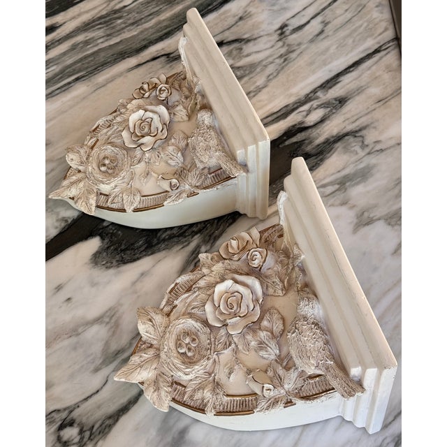Bird & Rose Motif Wall Sconce Shelves - A Pair For Sale - Image 11 of 14