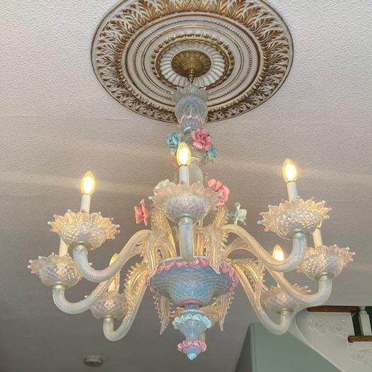 1977 Vetreria Artistica Stefano Murano 36” Pastel Opalescent Floral Chandelier For Sale - Image 13 of 17