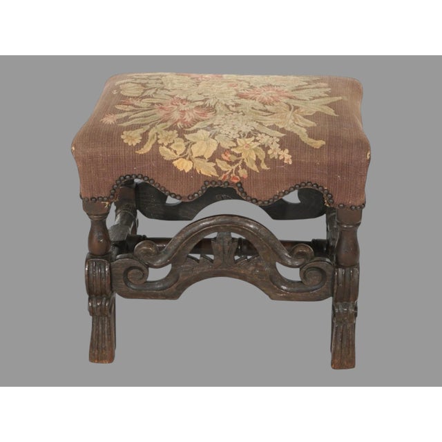 Antique English Carved Oak Footstool Bench With Floral Tapestry Seat In very good condition showing some typical age-...