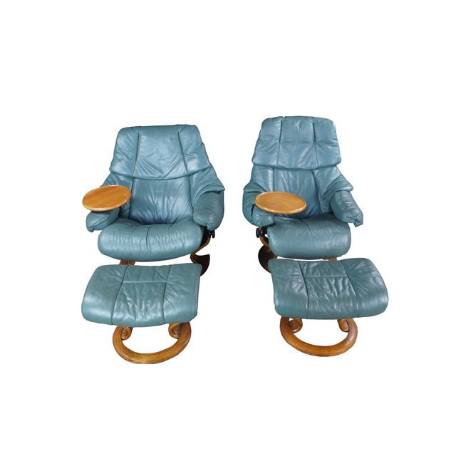 Vintage Ekornes Stressless 4 piece Recliner armchairs and ottomans. Dimensions: .37" h x 35" w x 36" d w/o tray, seat 18",...