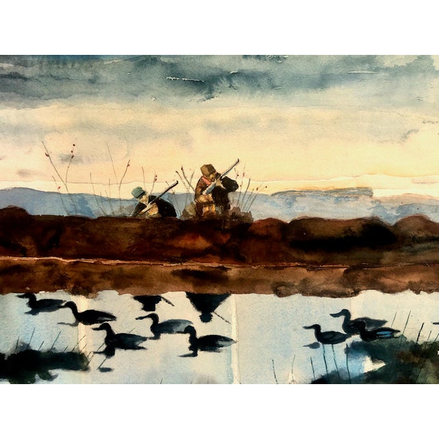 This is an original mid-20th-century sporting painting depicting duck hunting at dawn. The piece captures a classic...