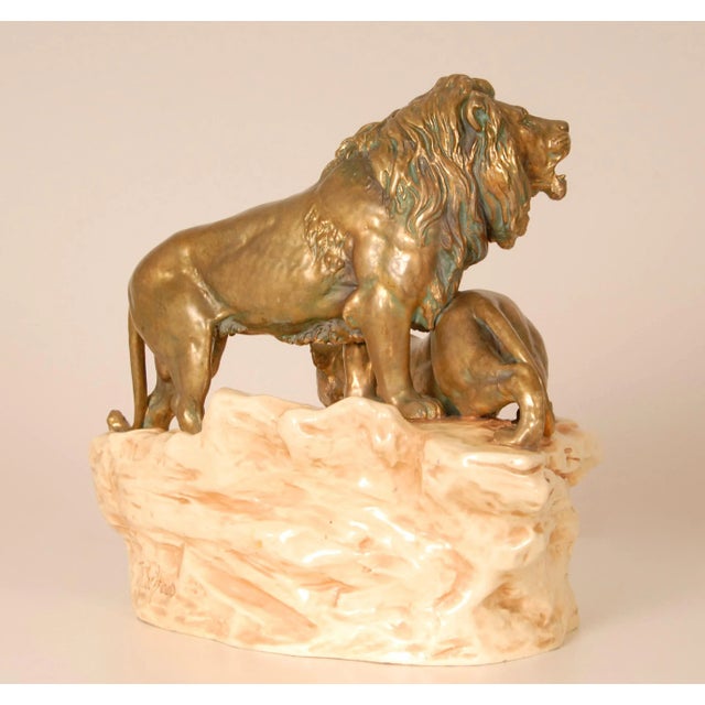 Antique Porcelain Sculpture Lions Signed Viennese Porcelain Group Gold Beige For Sale - Image 12 of 18