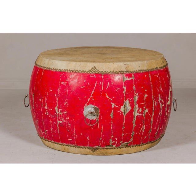 Metal Red Lacquered Qing Dynasty Opera Drum End Table with Hide Top and Brass Studs For Sale - Image 7 of 11
