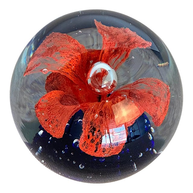 Vintage Italian Glass Paperweight With Red Flower Detail For Sale