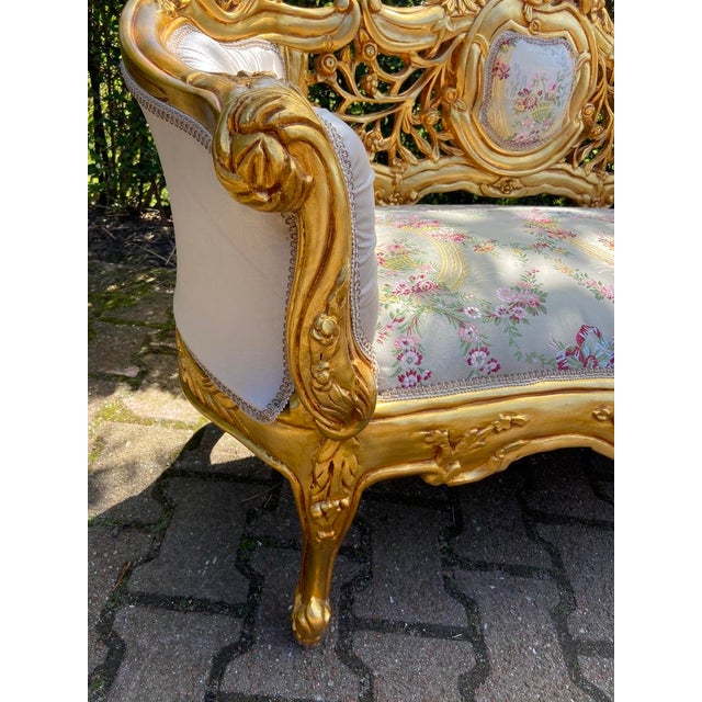 Mint Vintage French Louis XVI Settee in Gilded Beech Wood, Mint Damask & Cream Velvet For Sale - Image 8 of 11