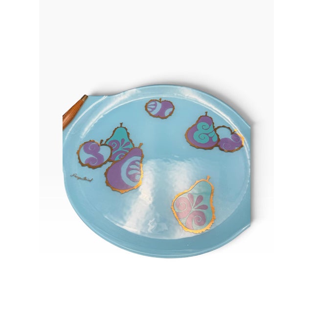 Blue Vintage MCM Georges Briard Large Blue & Purple Fruit Curved Glass Tray W/ Wood Handles For Sale - Image 8 of 10