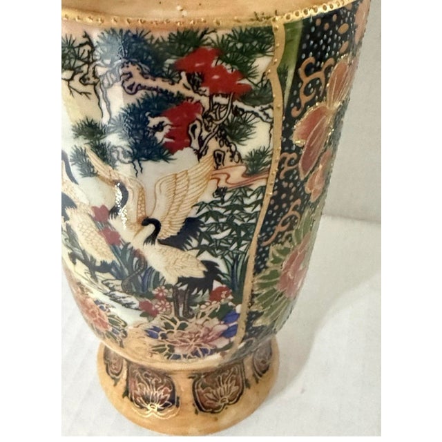 Ceramic Vintage Chinese Satsuma Moriage Vase Hand Painted Cranes Floral Gold Gilt Set For Sale - Image 7 of 12
